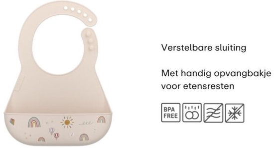 Een lichtbeige slab met verstelbare sluiting en een opvangbakje. Met regenboog-, zon- en luchtballoprint.