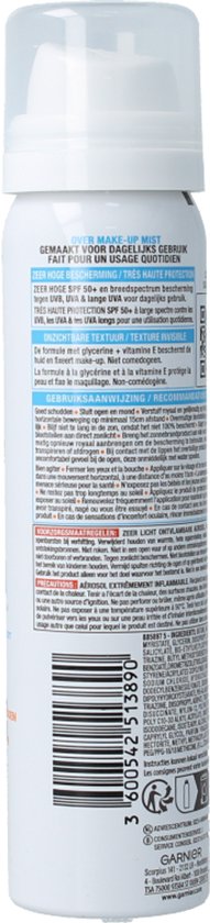 Garnier Ambre Solaire Over Make-up Super UV Mist Gezicht SPF50 - met Glycerine, Vitamine E en Hyaluronzuur – Beschermt & Fixeert Make-up - Skizonnebrandcreme - 75ml