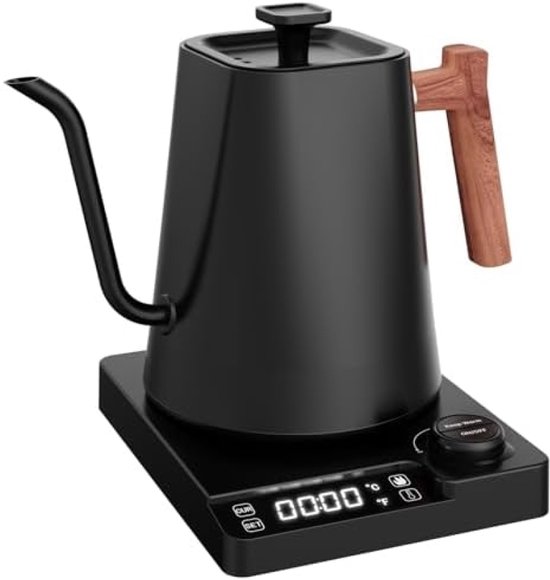 Elektrische zwanenhals waterkoker, 1200 W, LCD-display, temperatuurcontrole, voor koffie en thee, van roostvrij staal, stekker