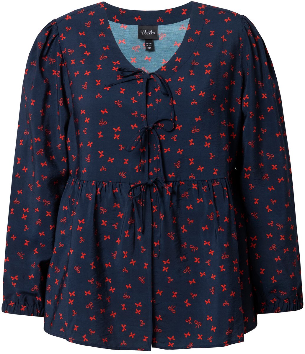 Ulla Popken - Dames - Blouse strik A-lijn V-hals lange mouwen - Marine - Maat 42+