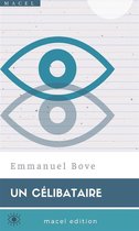 Een blauw oog-symbool en zijn reflectie op een wit en grijs gestreept papier met de tekst "Emmanuel Bove UN CELIBATAIRE macel edition".