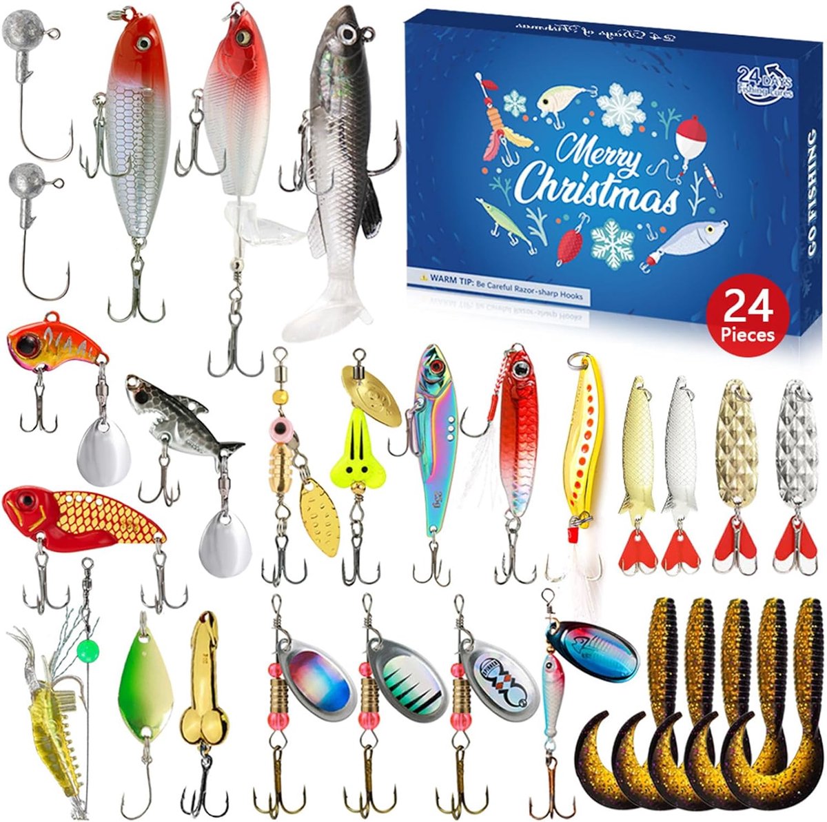 Viskalender, 24-daagse kerstaftelling, Kerstblindbox, Met unieke set visgerei en kunstaas, Een premium kerstcadeau met visaas als verrassing voor vader, opa, broer of vriend, voor Vissers, Volwassenen en Tieners - Cyslmuk®