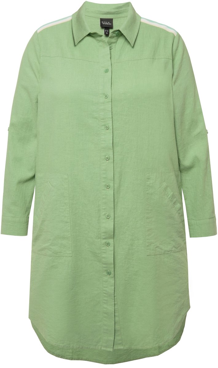 Ulla Popken - Dames - longline blouse linnen blend strepenband overhemdkraag - Lichtgroen - Maat 54+