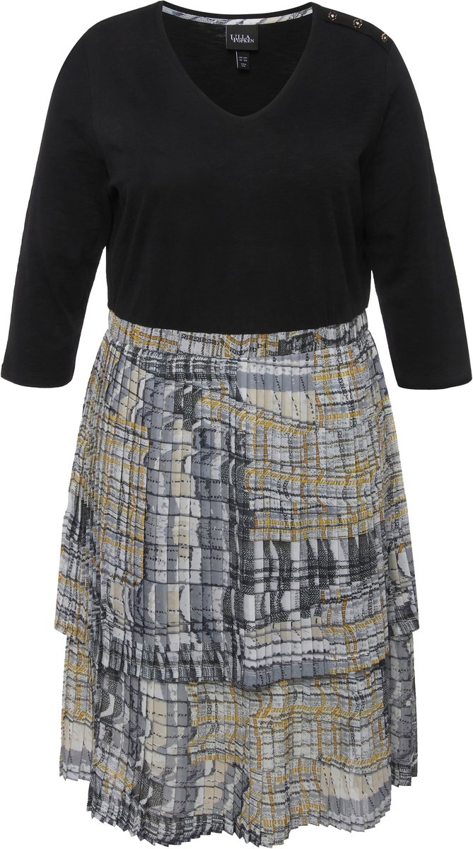 Ulla Popken Dames - Jersey jurk geplooide rok A-lijn V-hals 3/4-mouw - Zwart - Maat 54+