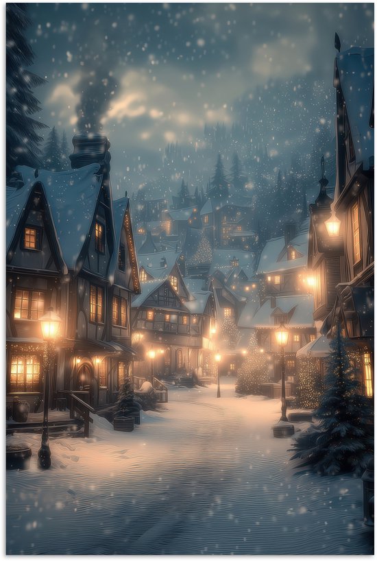 Poster 80x120 cm - Winterdorp - Sneeuw - Donker - Posters - Kamer decoratie - Wanddecoratie woonkamer - Muurdecoratie slaapkamer