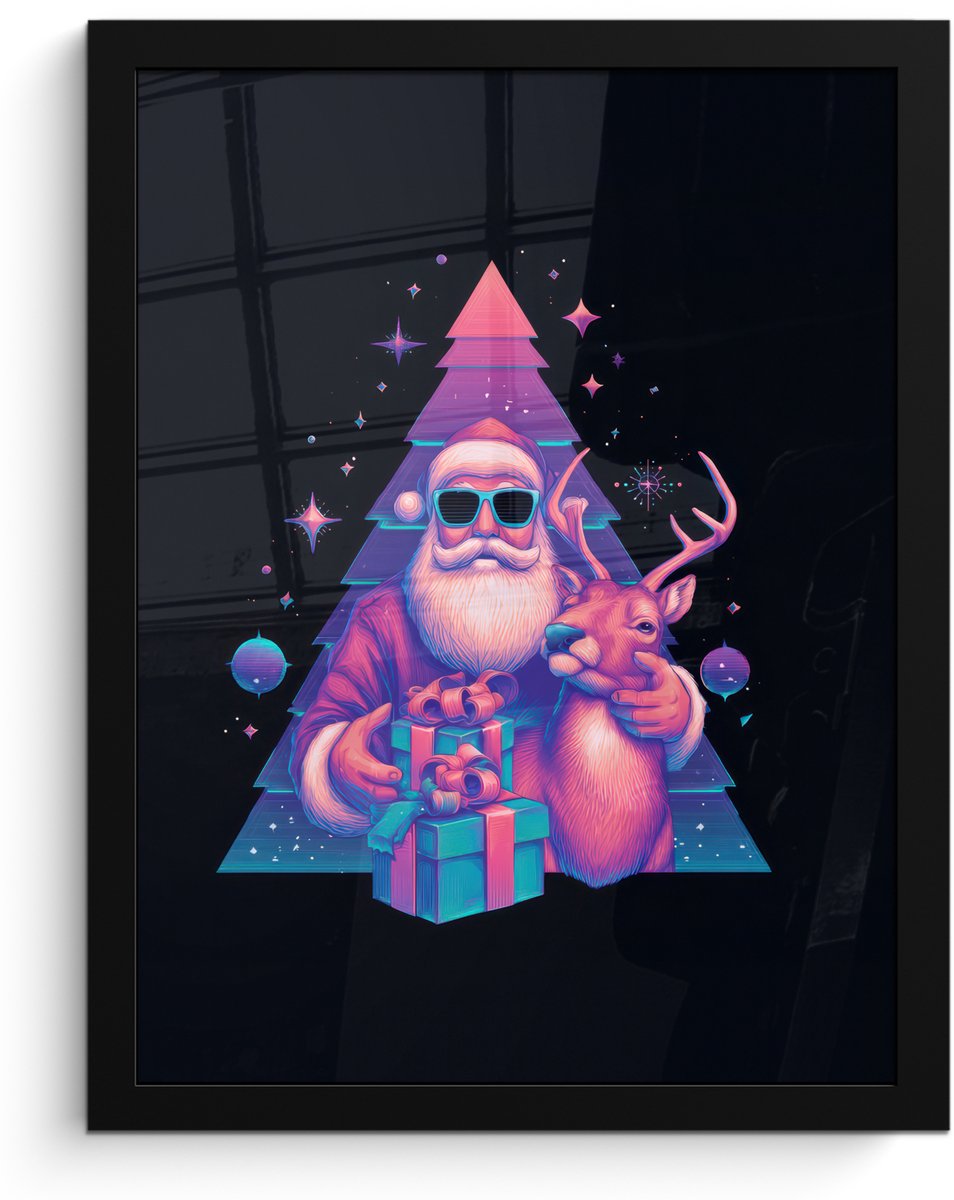 FrameYourWall Poster in lijst - Fotolijst 30x40 cm - Posters - Retro - Kerstman - Rendieren - Kerstboom - Posterlijst zwart - Decoratie - Wanddecoratie woonkamer - Muurdecoratie slaapkamer - Kerstversiering - Kerstdecoratie voor binnen - Kerstmis