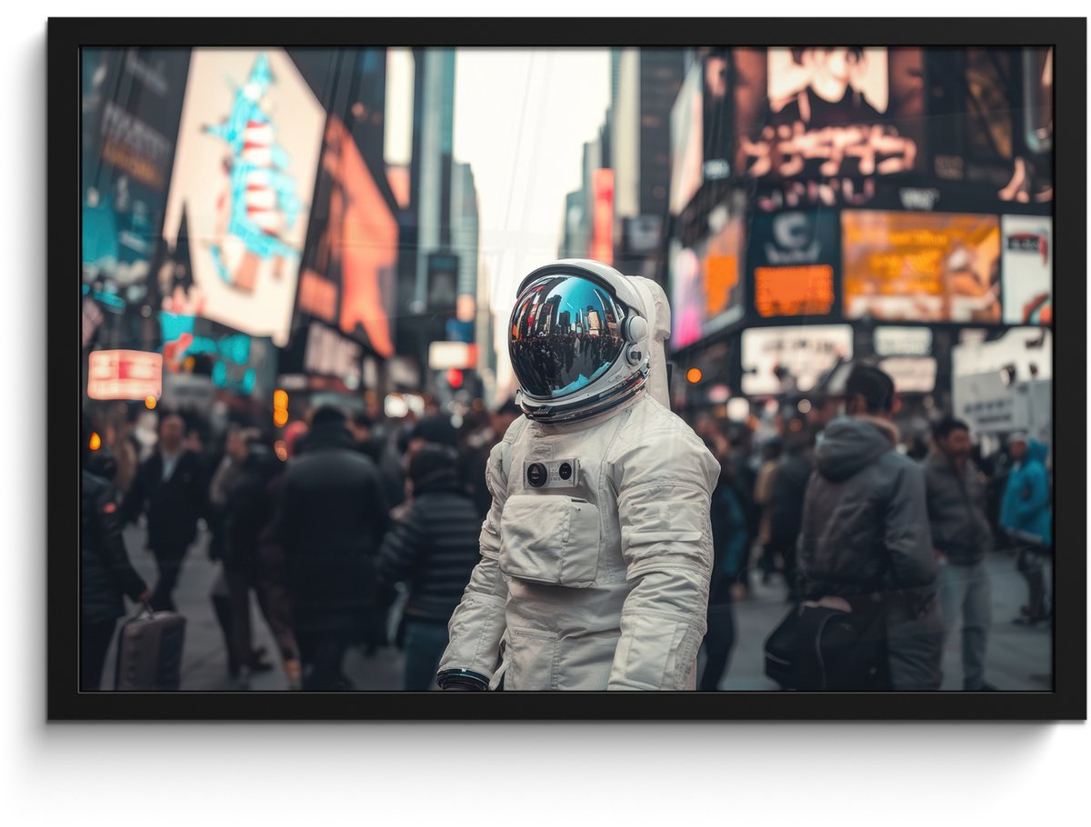 FrameYourWall Poster in lijst - Fotolijst 60x40 cm - Posters - Stad - Mensen - Astronaut - Wit - Posterlijst zwart - Decoratie - Wanddecoratie woonkamer - Muurdecoratie slaapkamer