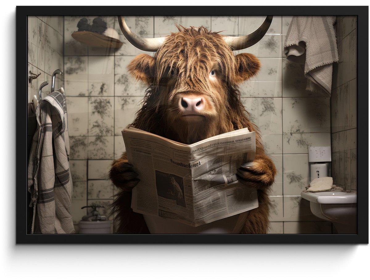 Poster in lijst - Fotolijst 60x40 cm - Posters - Schotse hooglander - Toilet - Krant - Bad