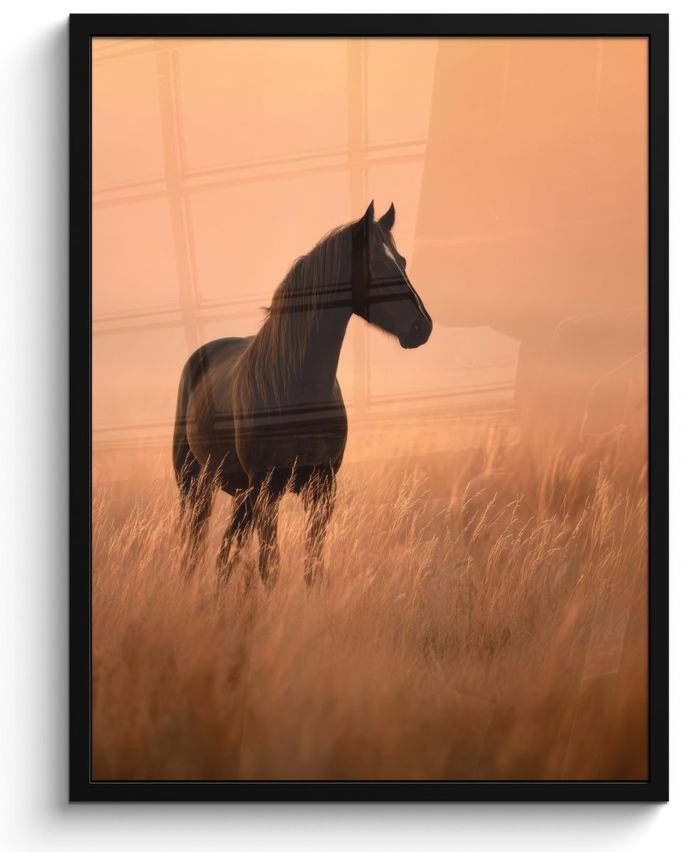 FrameYourWall Poster in lijst - Fotolijst 60x80 cm - Posters - Paard - Grasveld - Zonsondergang - Posterlijst zwart - Decoratie - Wanddecoratie woonkamer - Muurdecoratie slaapkamer