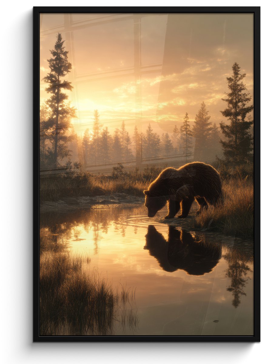 FrameYourWall Poster in lijst - Fotolijst 80x120 cm - Posters - Beer - water - Bos - Ochtendlicht - Posterlijst zwart - Decoratie - Wanddecoratie woonkamer - Muurdecoratie slaapkamer