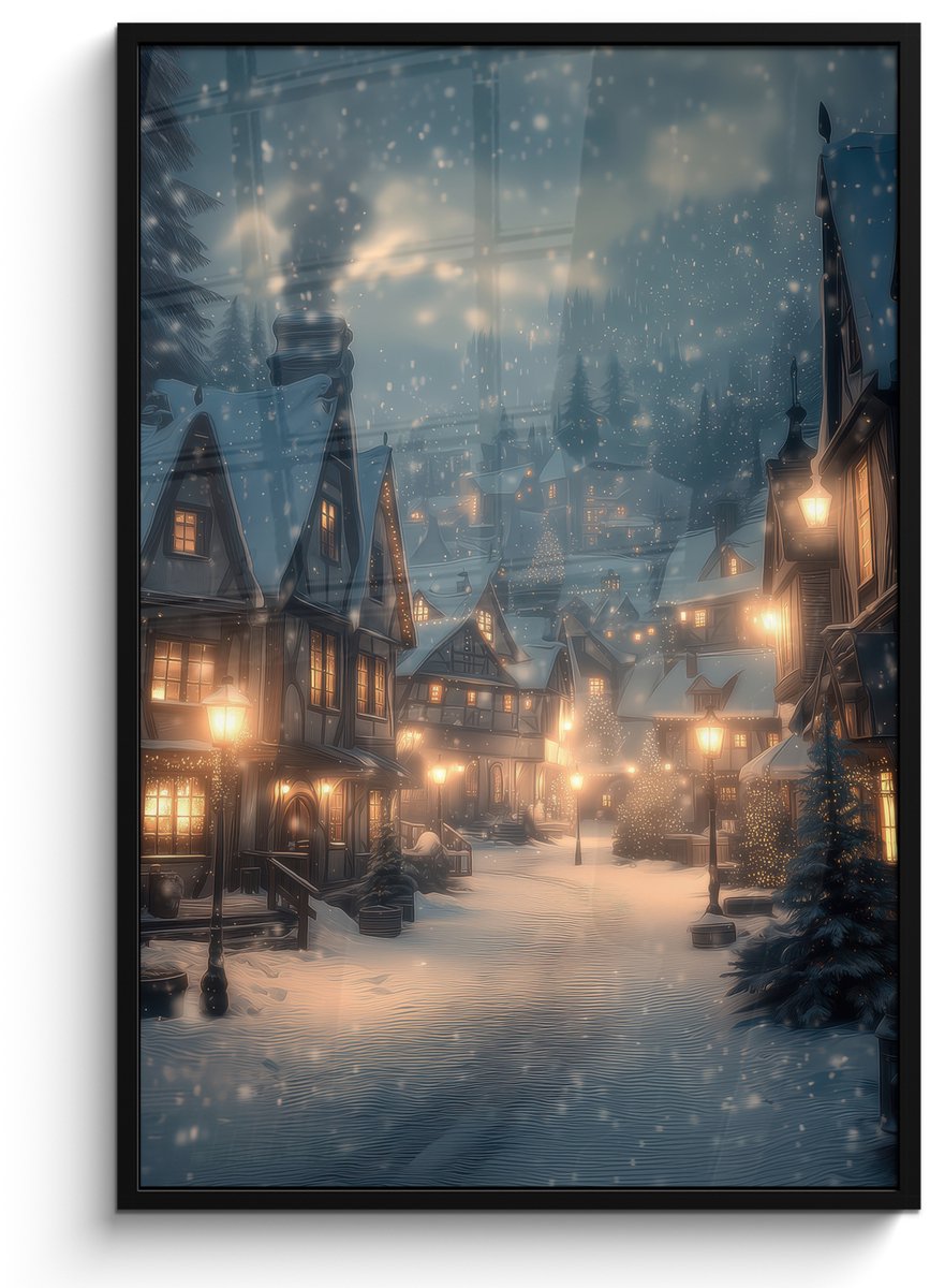 FrameYourWall Poster in lijst - Fotolijst 80x120 cm - Posters - Winterdorp - Sneeuw - Donker - Posterlijst zwart - Decoratie - Wanddecoratie woonkamer - Muurdecoratie slaapkamer