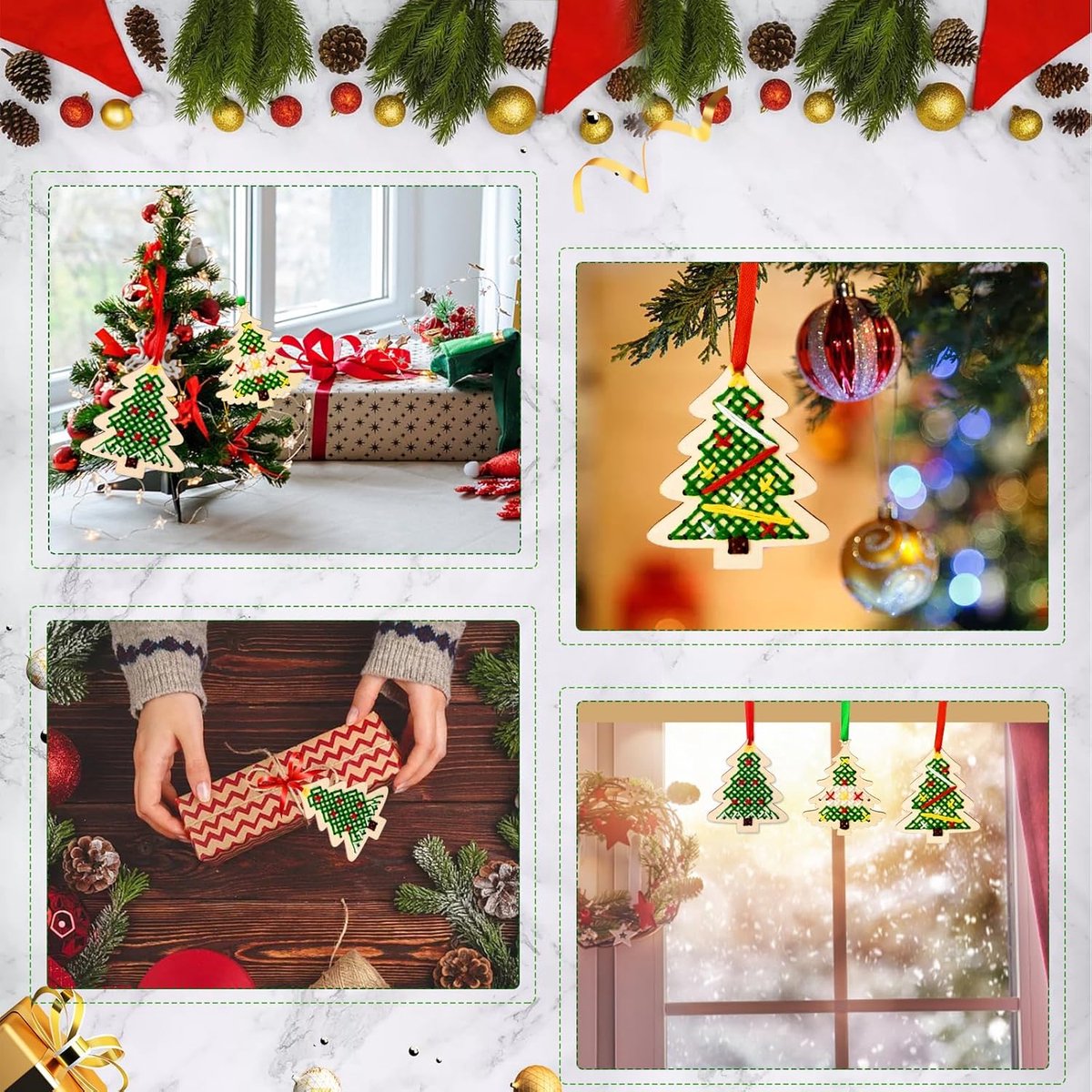 Kerst borduurset - Kerstboom borduren - DIY kerstknutsels - Borduurset voor volwassenen - Kerstboomversieringen - Houten kerstboom bladwijzer kruissteek - Kerstborduurset voor kinderen en beginners – foto 4