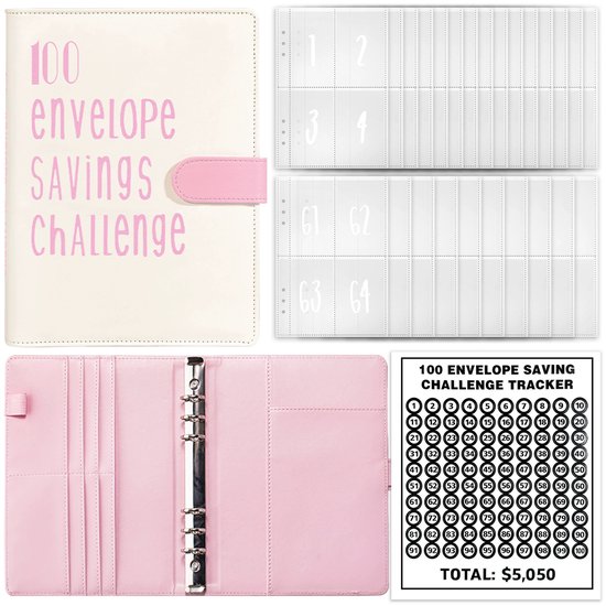 Foto: Qttvbtna 100 enveloppen spaaruitdaging stevige leren spaarmap leuk en gemakkelijk geld sparen a5 formaat herbruikbare spaarboek roze