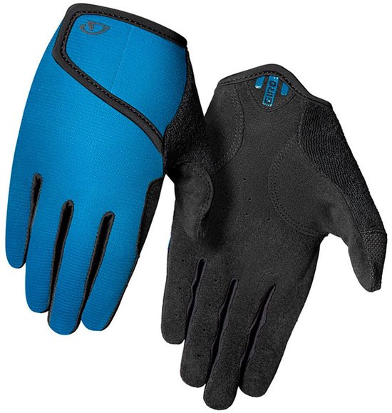Gants de vélo Giro bleus et noirs avec passepoil noir. La paume bleue et le dos noir sont visibles.