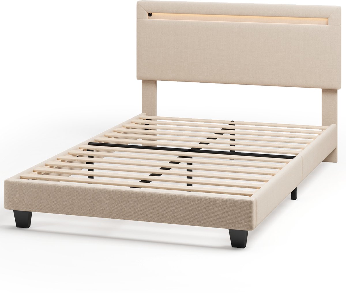 Xbro Gestoffeerd Bed 120 x 200 cm – met Bedhoofdbord LED-Verlichting – Tweepersoonsbed met Hoofdbord en Lattenbodem – Beige — cadeau in Cadeau-ideeën - foto 8