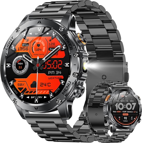 ESFOE Militaire smartwatch voor heren, met 1000 mAh accu/led-zaklamp/3