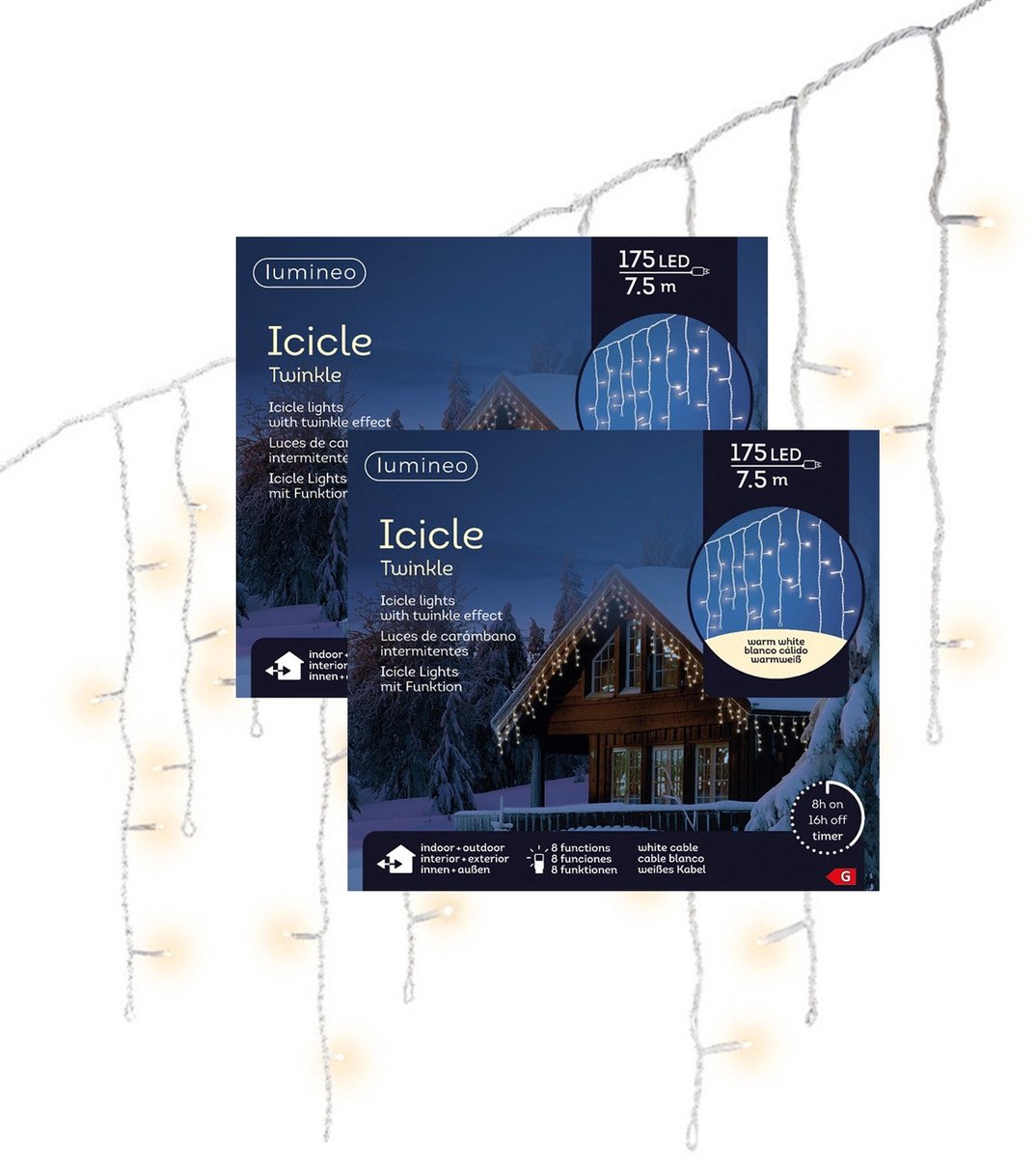 Lumineo Kerstverlichting - 2x - IJspegel - warm wit - 750 cm - 175 led lampjes - ijspegelverlichting