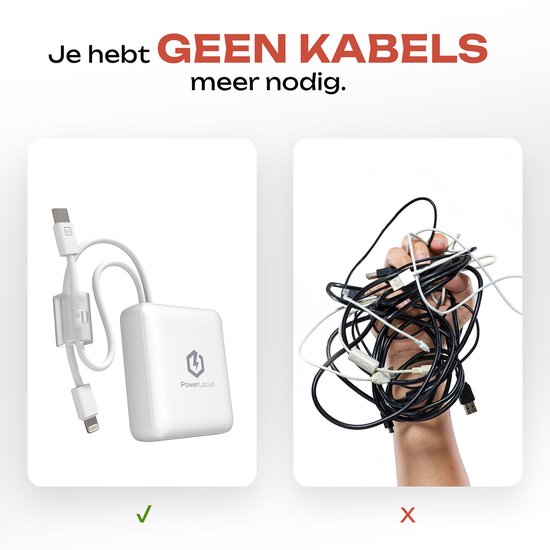 Witte PowerLocus powerbank met ingebouwde kabels (links) vergeleken met een wirwar van kabels (rechts).