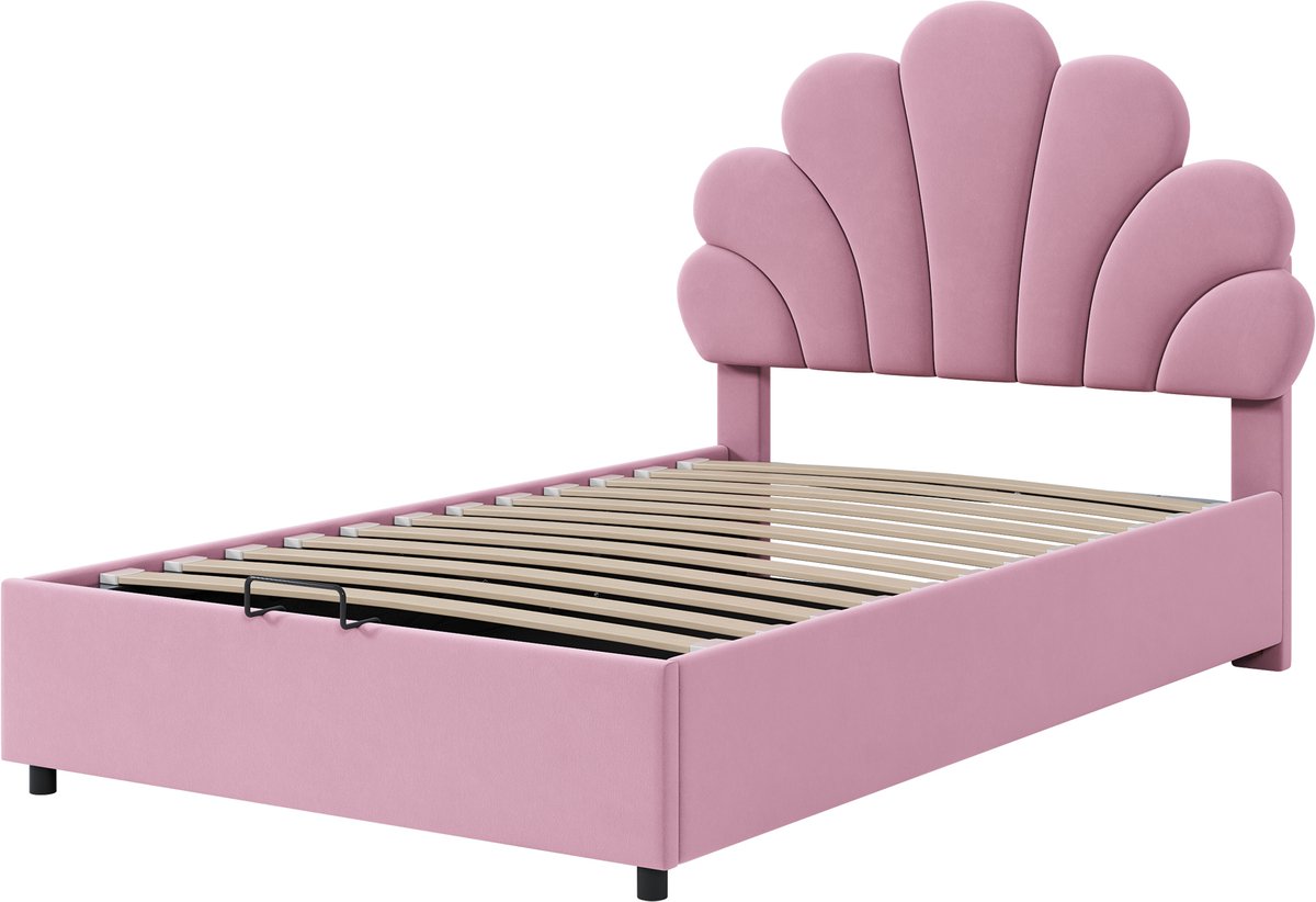 SINGULARITY-Gestoffeerd kinderbed 90 x 200 cm- met hoofdbord en lattenbodem- met in hoogte verstelbaar hoofdbord en hydraulische opbergruimte- roze- zonder matras