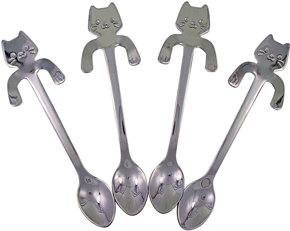 Cuhostki 4 Roestvrij Staal Kat Spoons - Zilver - Creatief Design, Veilig, Geschenk Ideaal