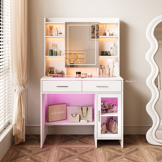 Devoko Grote kaptafel met Verstelbare LED Verlichting en lade, Make-up Tafel met Spiegel, Make-up Tafel met 7 Laden, 4open opbergplanken, modern slaapkamermeubilair voor meisjes,110 x 40 cm (Wit
