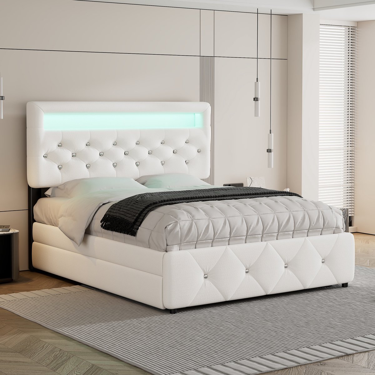 Singularity Gestoffeerd bed 140 x 200 cm (90 x 190 cm)- tweepersoonsbed- platformbed met uitschuifbaar bed en 2 lades- nachtkastje met lichtbalk- wit- zonder matras
