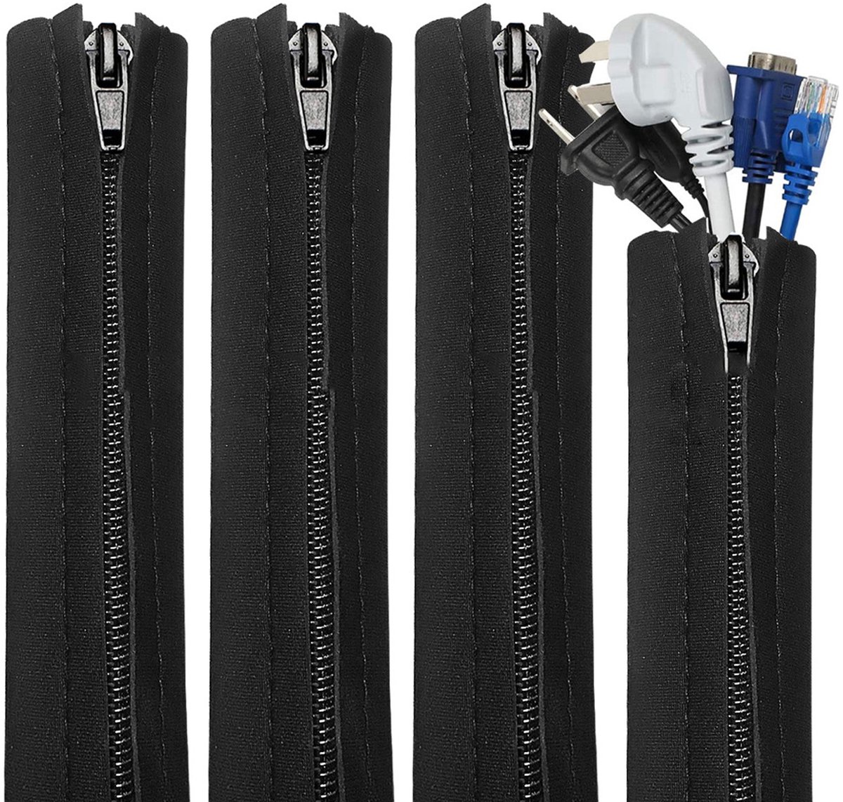 QTTVBTNA 4 stuks Zwarte Rits Kabelbeschermers – 9 x 50cm - Anti-Bijt, Duurzaam & Flexibel Kabelorganizer
