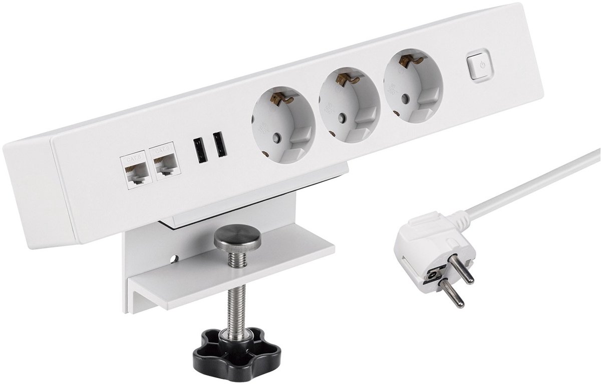 Bol.com MaxTrack stekkerdoos met 3 contacten, 2x USB en 2x RJ45 - voor aan bureau / wit - 1,8 meter aanbieding