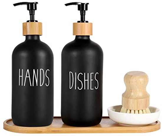 Mifxin Set van 2 glazen zeepdispensers met dienblad en bamboe afwasborstel, handzeepdispenser 16 oz keukenset, boerderij decor afwasmiddel pompfles (wit - 2 stuks