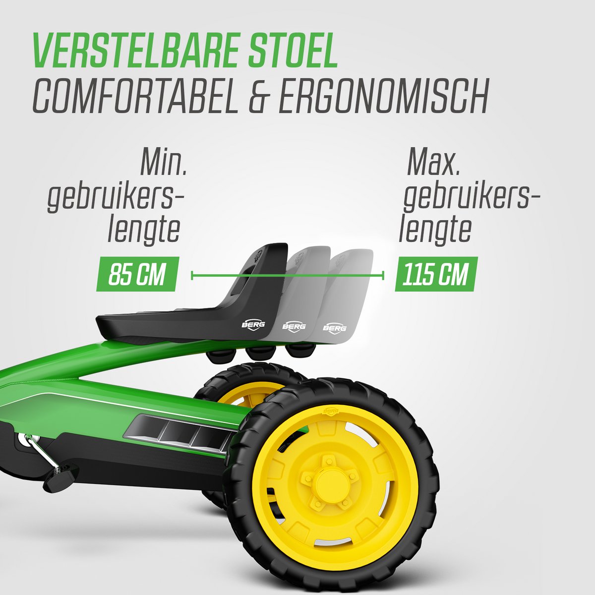 BERG Buzzy John Deere Skelter - Officieel licentieproduct - Verstelbare Stoel - Veilige en Stabiele Wegligging - Anti-Lek EVA banden - 2+ jaar - Groen/Geel — afbeelding 6