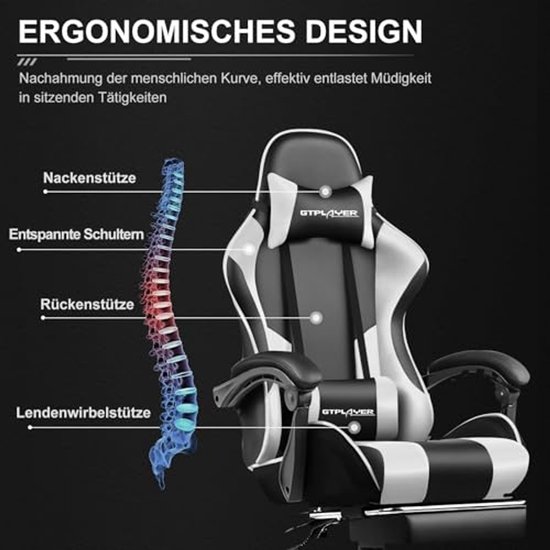 Ergonomische Gamingstoel met Massagefunctie en Voetensteun - Draaistoel met Hoofdsteun en Lendenkussen - Comfortabele Zachte Bekleding in Wit — afbeelding 3