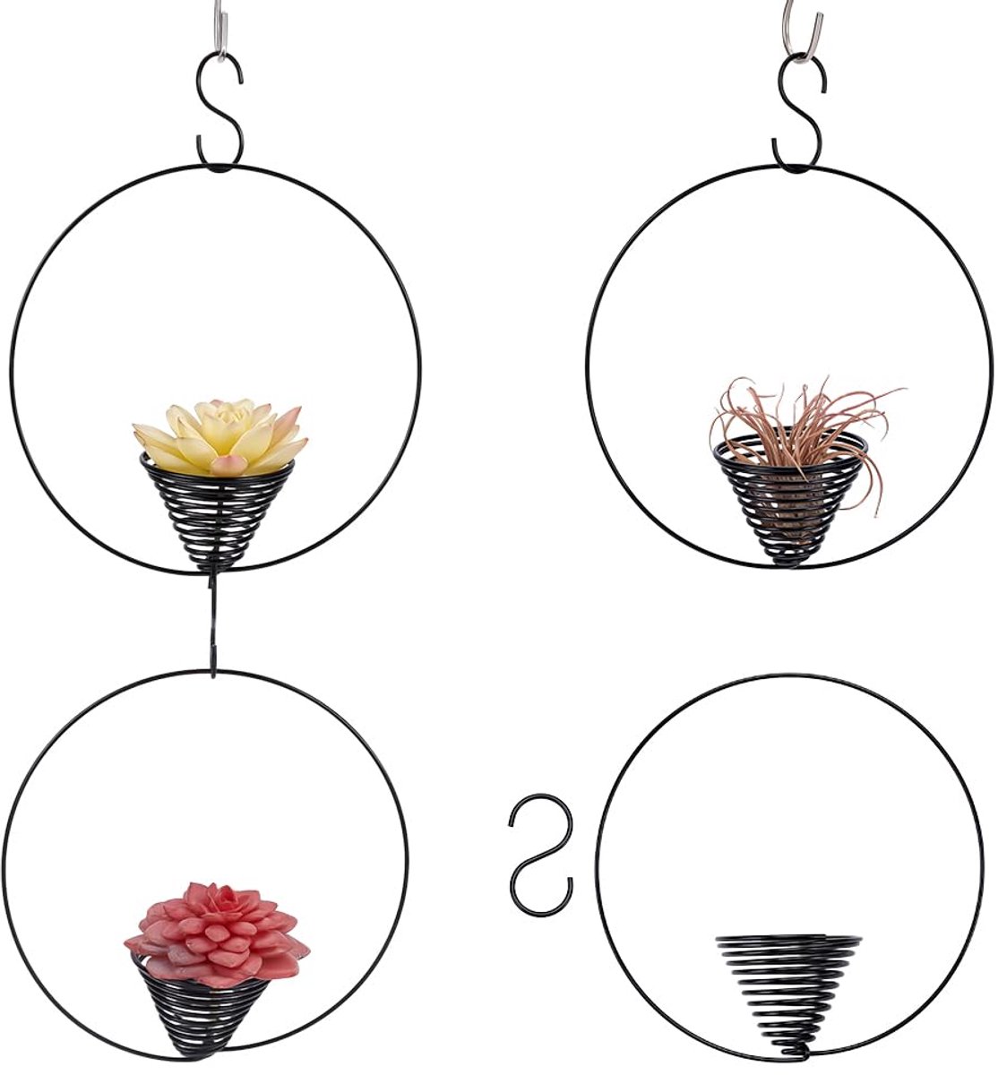 4 STKS Air Plant Hangers Zwarte Air Planten Houder 150 MM Moderne Legering Air Fern Display Houder Opknoping Tillandsia Rack met S-haken voor Windows Plant Muur Boho Kamer Decor