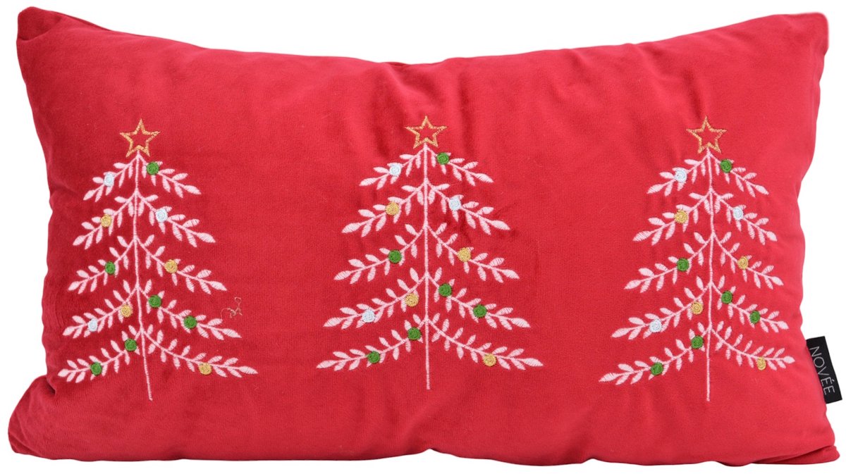 NOVÉE Velvet Tree Rood Kerst Kussenhoes | 30 x 50 cm | Fluweel/Polyester rood zilver