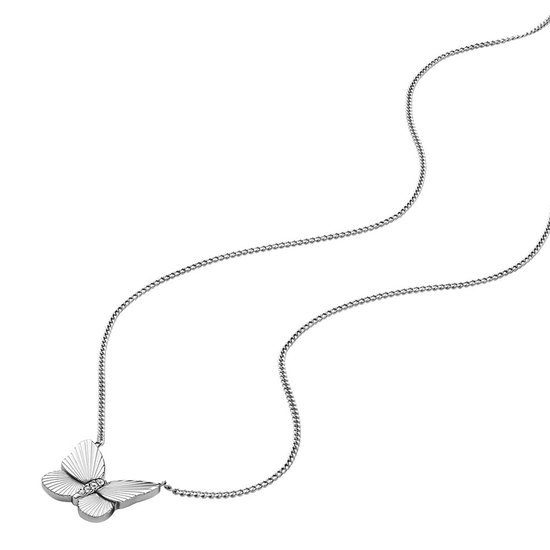 Zilverkleurig collier met een vlinderhanger bezet met steentjes.