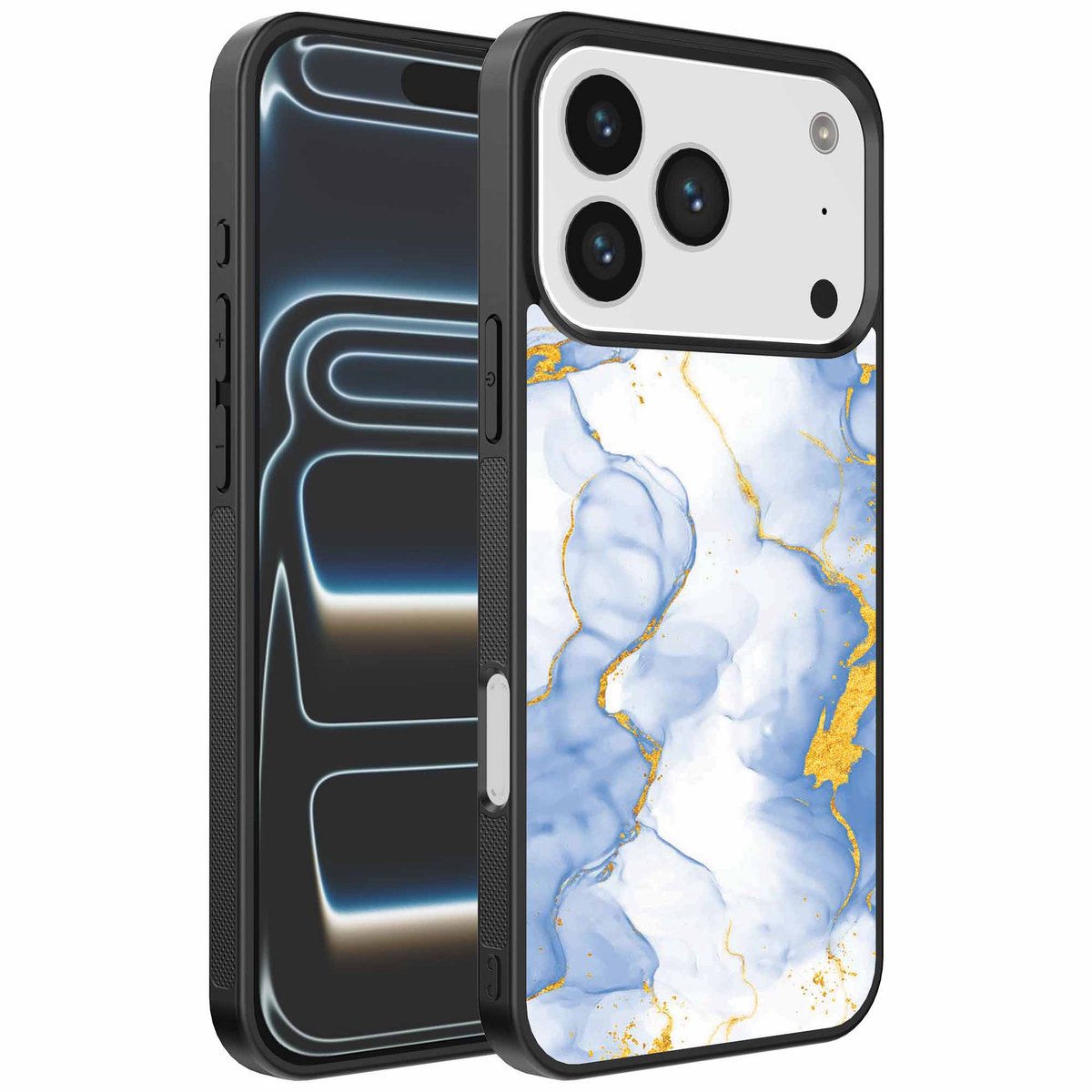 Geschikt voor iPhone 17 Pro Telefoonhoesje met Lichtblauw Goud Marmer Opdruk - TPU Backcover Case Lightblue Gold Marble Design - Smartphonica geschikt voor iPhone 17 Pro