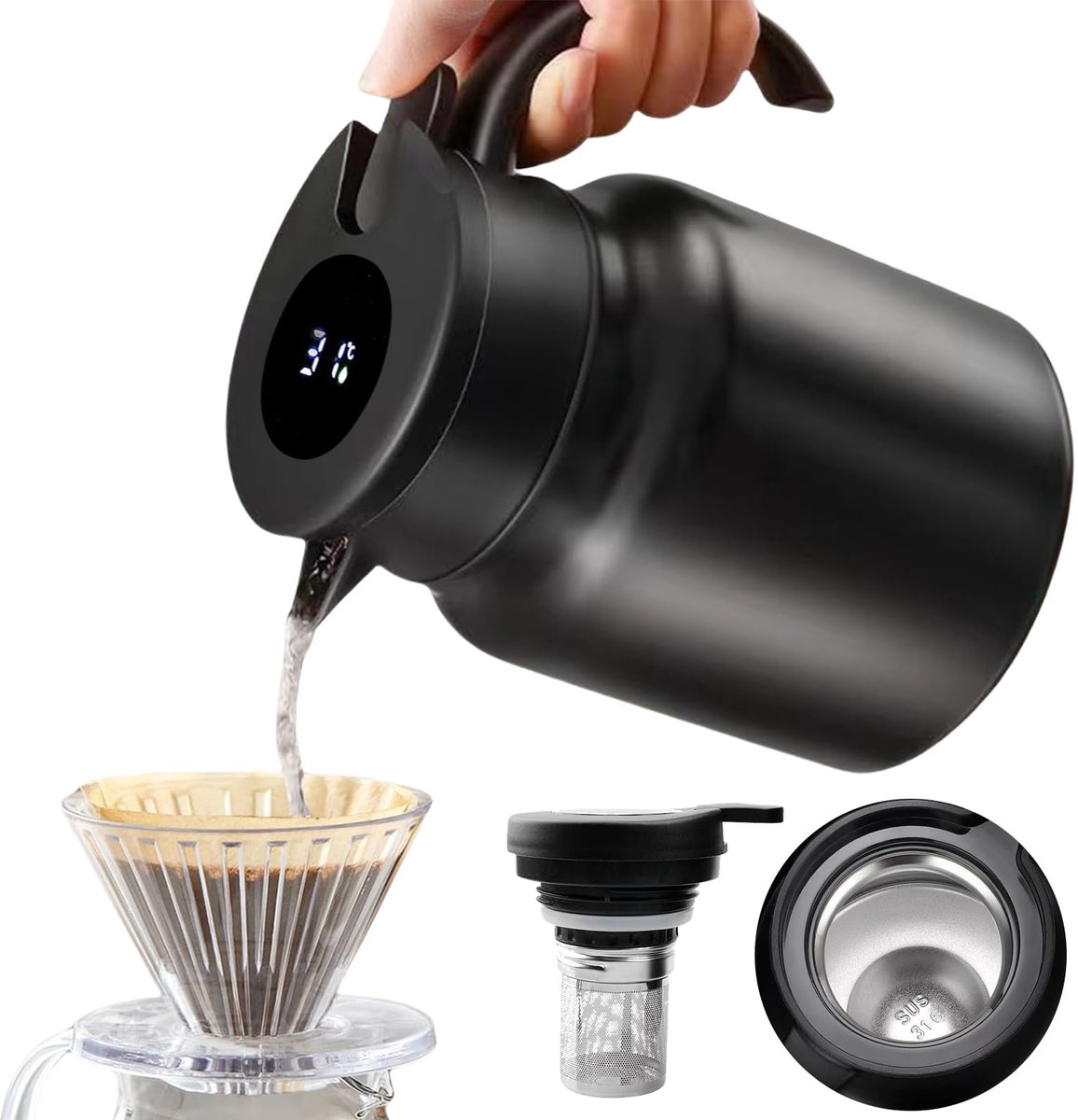 Thermal Coffee Carafe with Temperature Display, 1L Stainless Steel Thermos with Tea Strainer, Thermal Coffee Can, Double Wall Vacuum Carafe for Coffee, Home