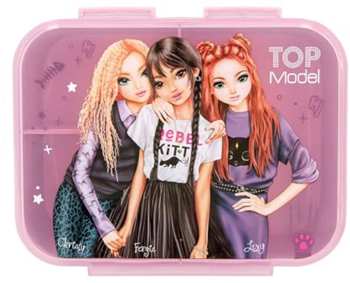Lunchbox in Paars met Modelmotief en Leo-dessin - 3 Vakken en Transparante Deksel