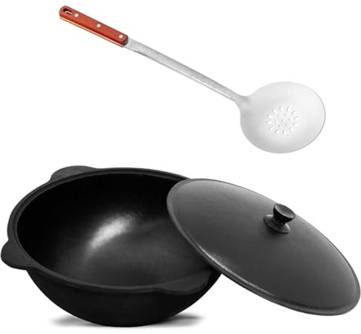 Gietijzeren Wok Pan 8 Liter met Aluminium Deksel en Schuimspaan