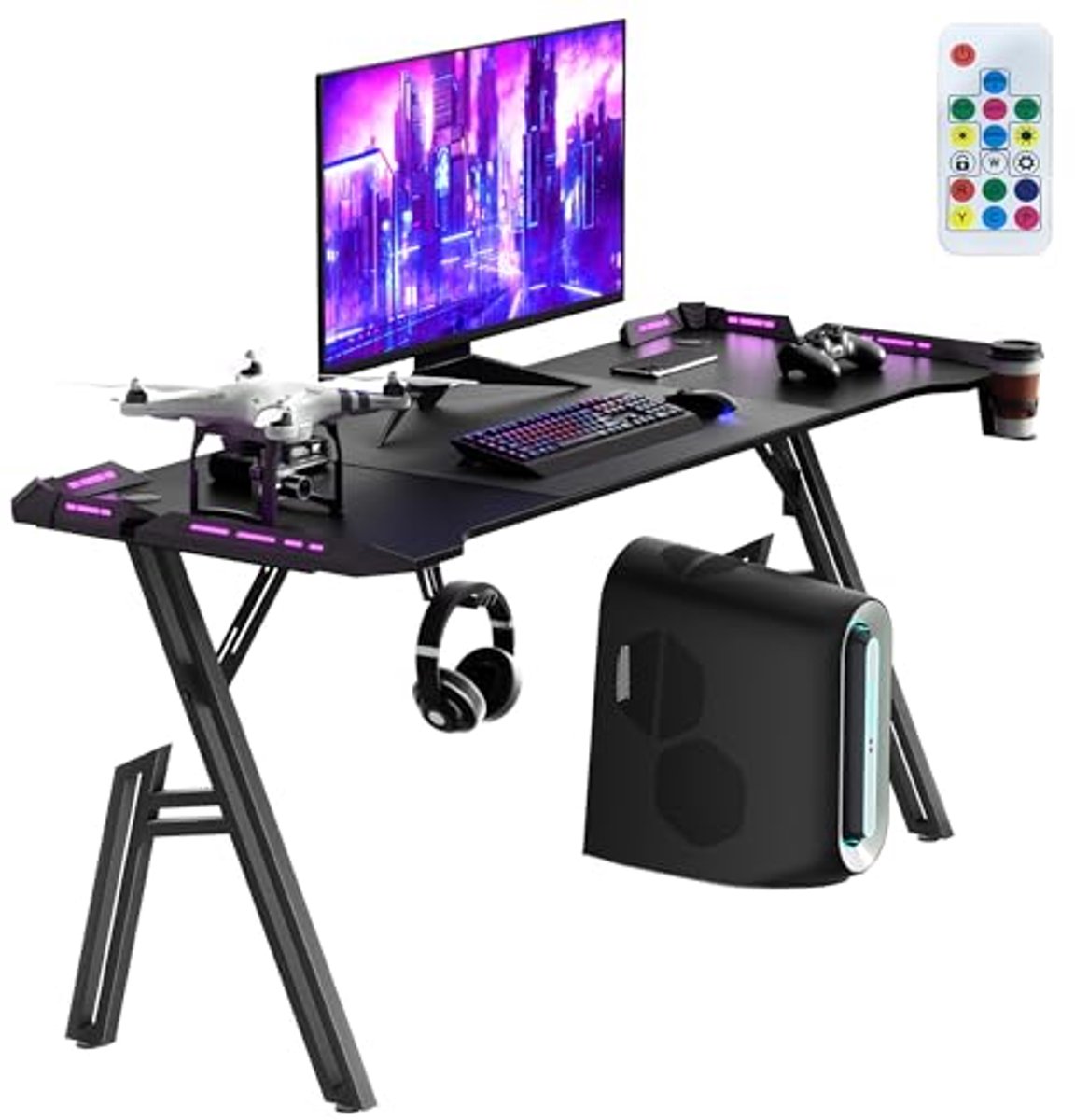 Gaming Bureau met LED Verlichting - 160 cm Carbon Fiber Tafel met Kopjeshouder en Hoofdtelefoonhaak