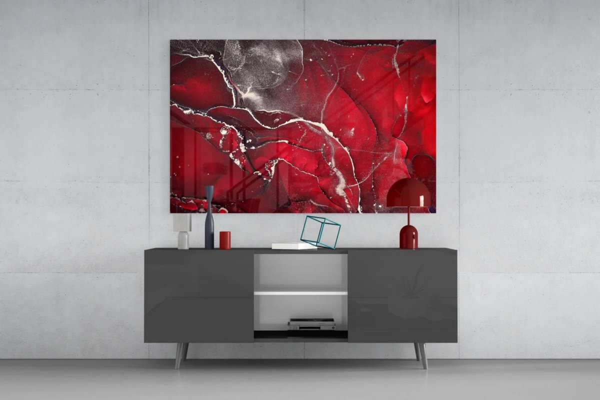 Insigne Art Glasschilderij – Abstract Art Rood en Zilver – Luxe Design voor Woonkamer of Kantoor - 110x70 cm