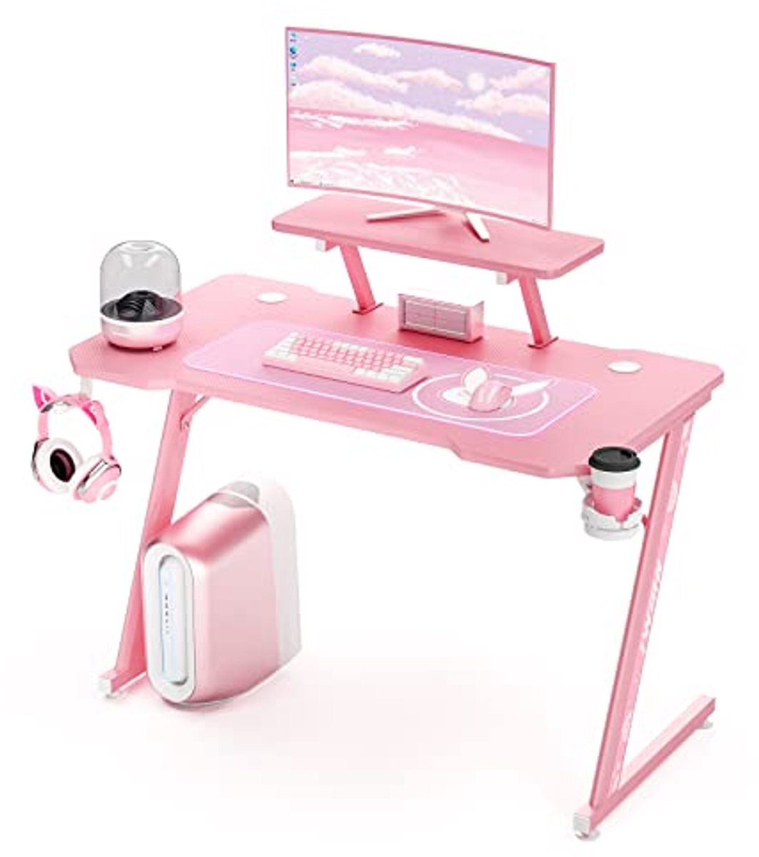 Ergonomisch Gaming Bureau met Carbon Fiber Blad en Verstelbare Monitorplank in Roze