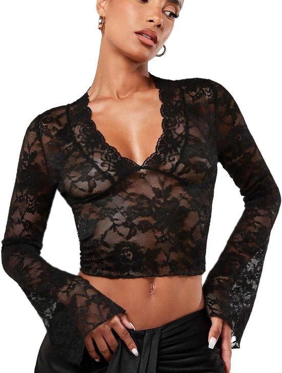 Foto: Allecto plus transparant kanten t shirt met lange mouwen voor dames zwart kant mesh damestop