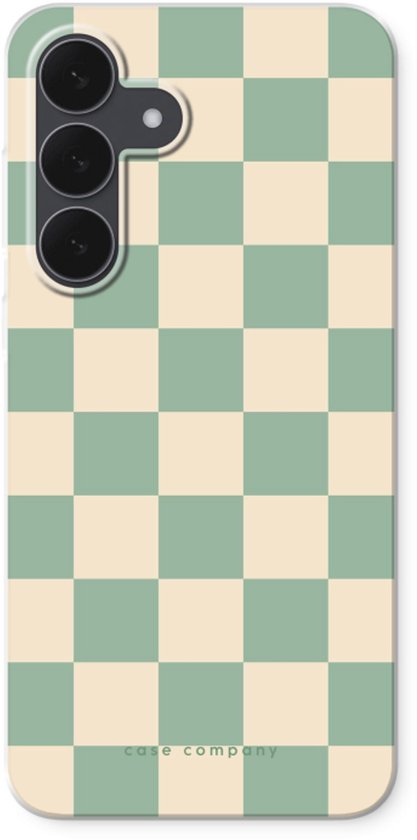 Telefoonhoesje met muntgroen en crème dambordpatroon. Case Company logo onderaan.