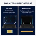 Illustraties tonen twee bevestigingsopties voor een privacyfilter: met dubbelzijdig tape of met plastic lipjes.