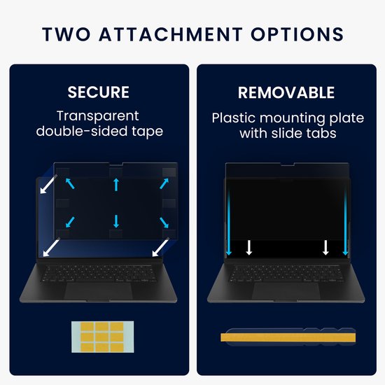 Illustraties tonen twee bevestigingsopties voor een privacyfilter: met dubbelzijdig tape of met plastic lipjes.