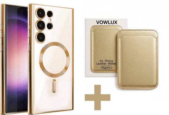 Coque dorée pour Samsung Galaxy S23 Ultra avec bordure dorée, portefeuille magnétique doré et icône de croix.