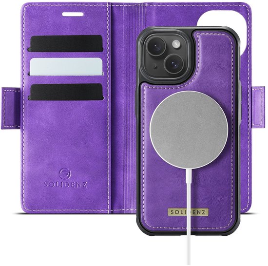 Étui portefeuille 2 en 1 Solidenz de luxe iPhone 15 Plus - Compatible avec MagSafe - Amovible - Violet
