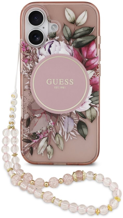 Guess IML Flowers geschikt voor iPhone 17 hoesje - MagSafe compatibel en Koord - Roze