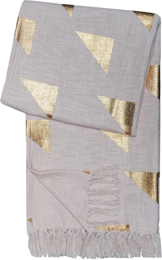 Urbane Hide | Modern Geometrisch Plaid met Gouden Driehoek Patroon | Sierplaid | 130x170cm | Plaid met Kwastjes | 100% Katoen | Wit en Goud