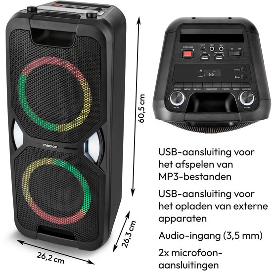 MEDION PE-1 Pure Partybox (accu, met microfoon, grote draagbare Bluetooth-luidspreker, muziekbox met lichteffecten, partyluidspreker met karaoke, 2 microfoonaansluitingen, AUX, USB, radio), MD400000